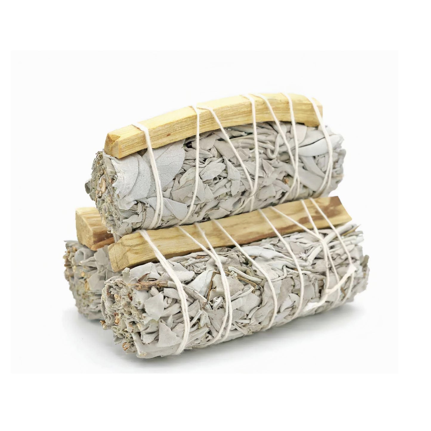 Three bundles of sage smudge sticks with palo santo on a white background - Clover's Charm