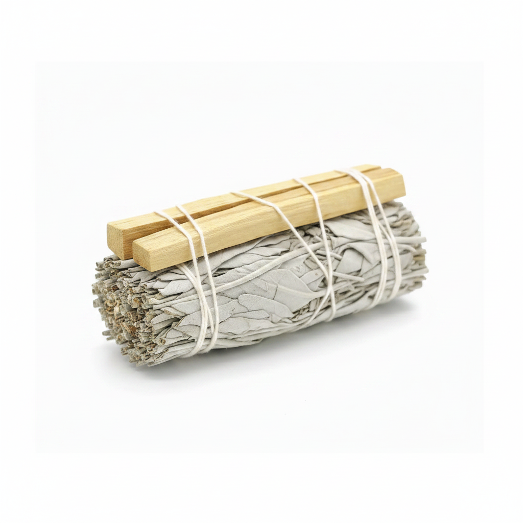 Bundled sage sticks with palo santo sticks on a white background - Clover's charm