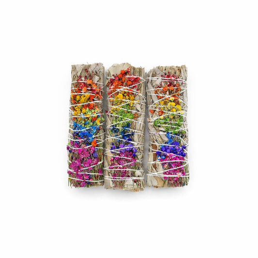 Three bundles of colorful flowers wrapped in twine on a white background - Clover's Charm