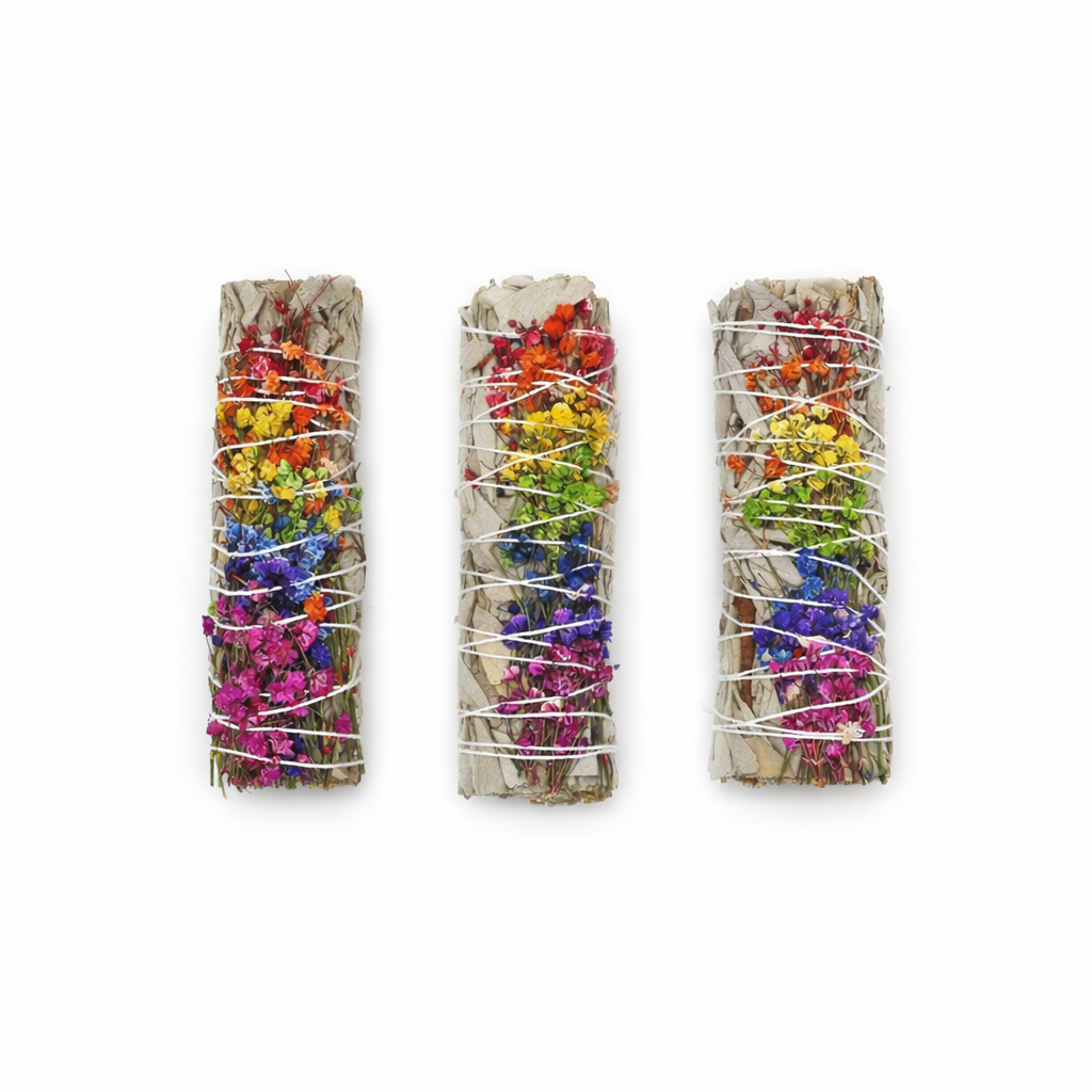 Three smudge sticks with colorful floral arrangements on a white background
- Clover's Charm