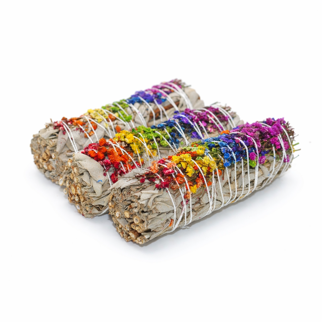Three rolled sage bundles with colorful flowers on a white background 
- Clover's Charm