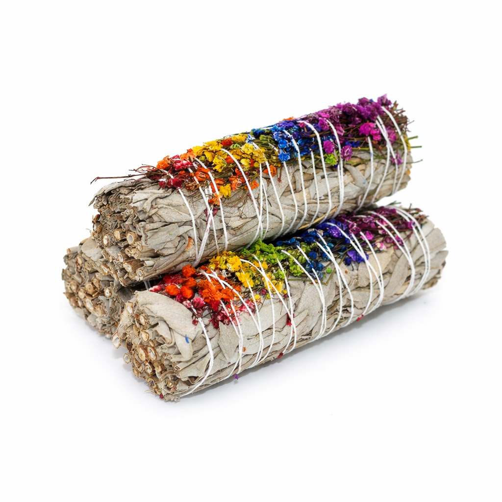 Three bundles of sage with colorful flowers and twine on a white background - Clover's Charm