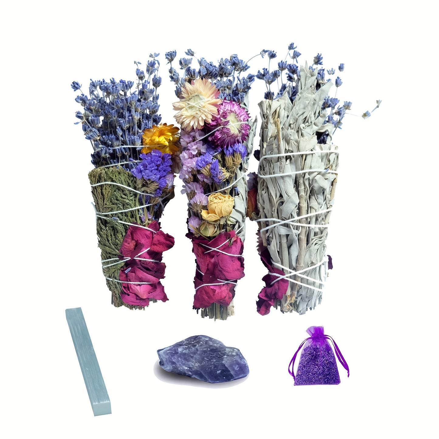 Set of smudge sticks with flowers, a crystal, and a bag on a white background