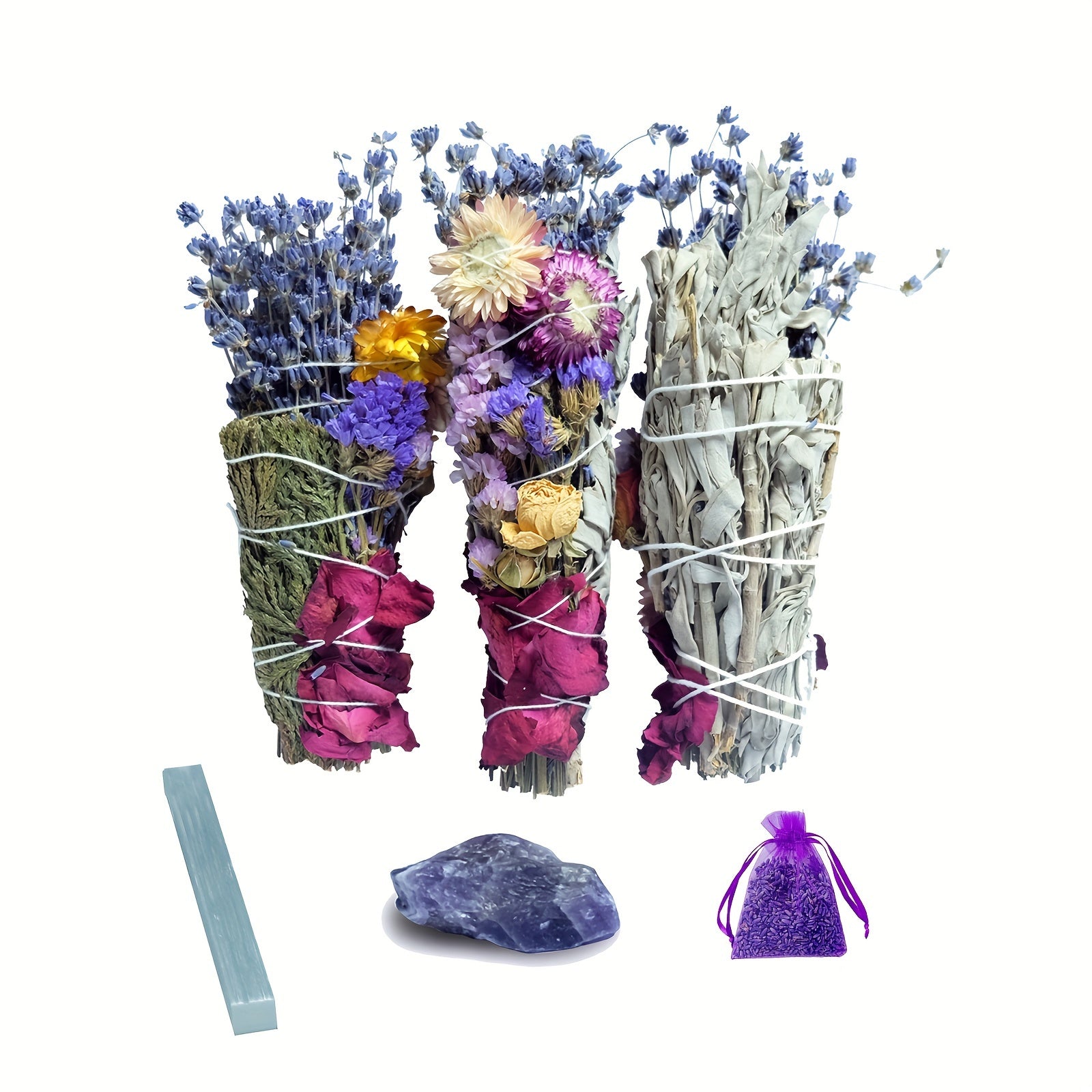 Set of smudge sticks with flowers, a crystal, and a bag on a white background
