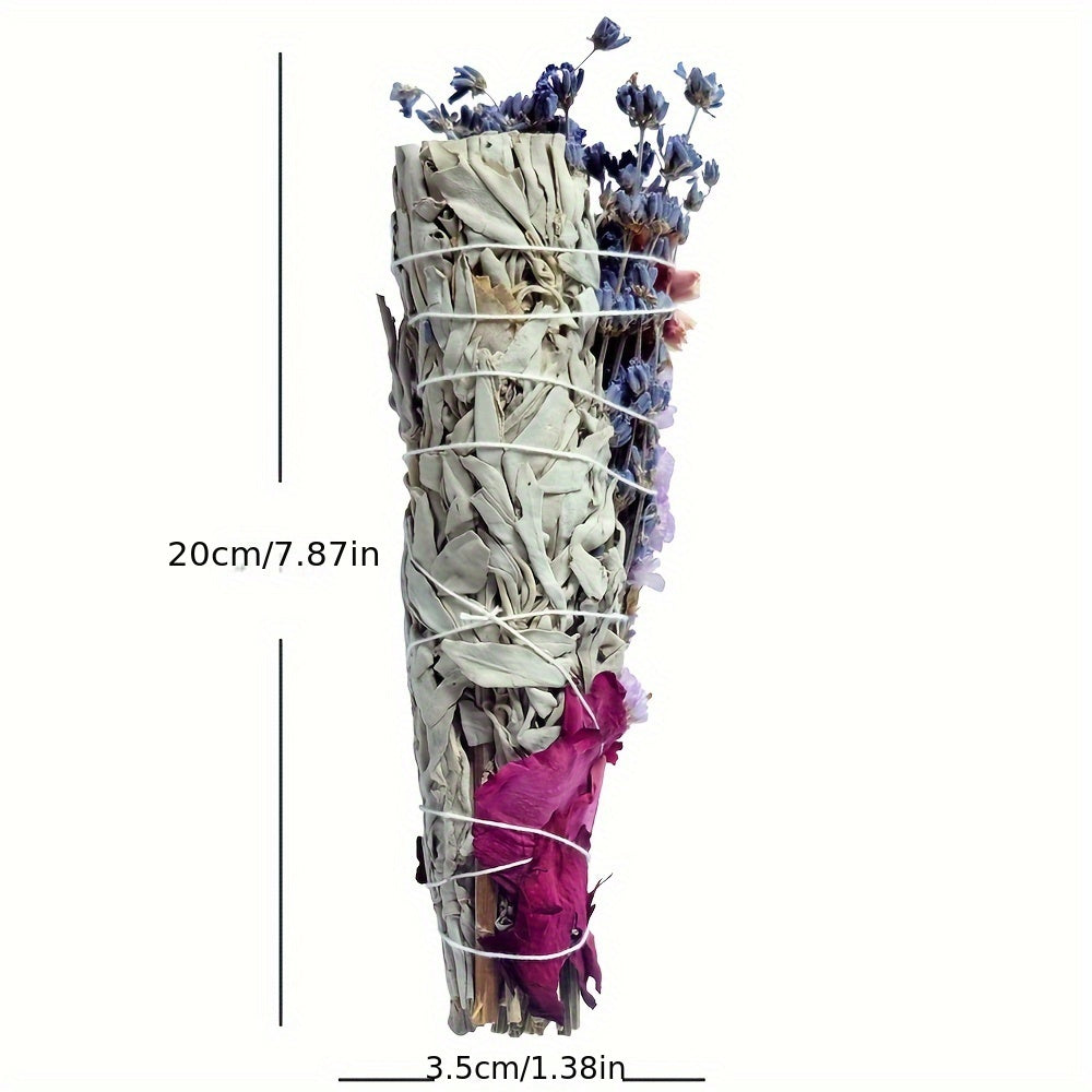 Bundled sage and lavender with measurements on a white background
