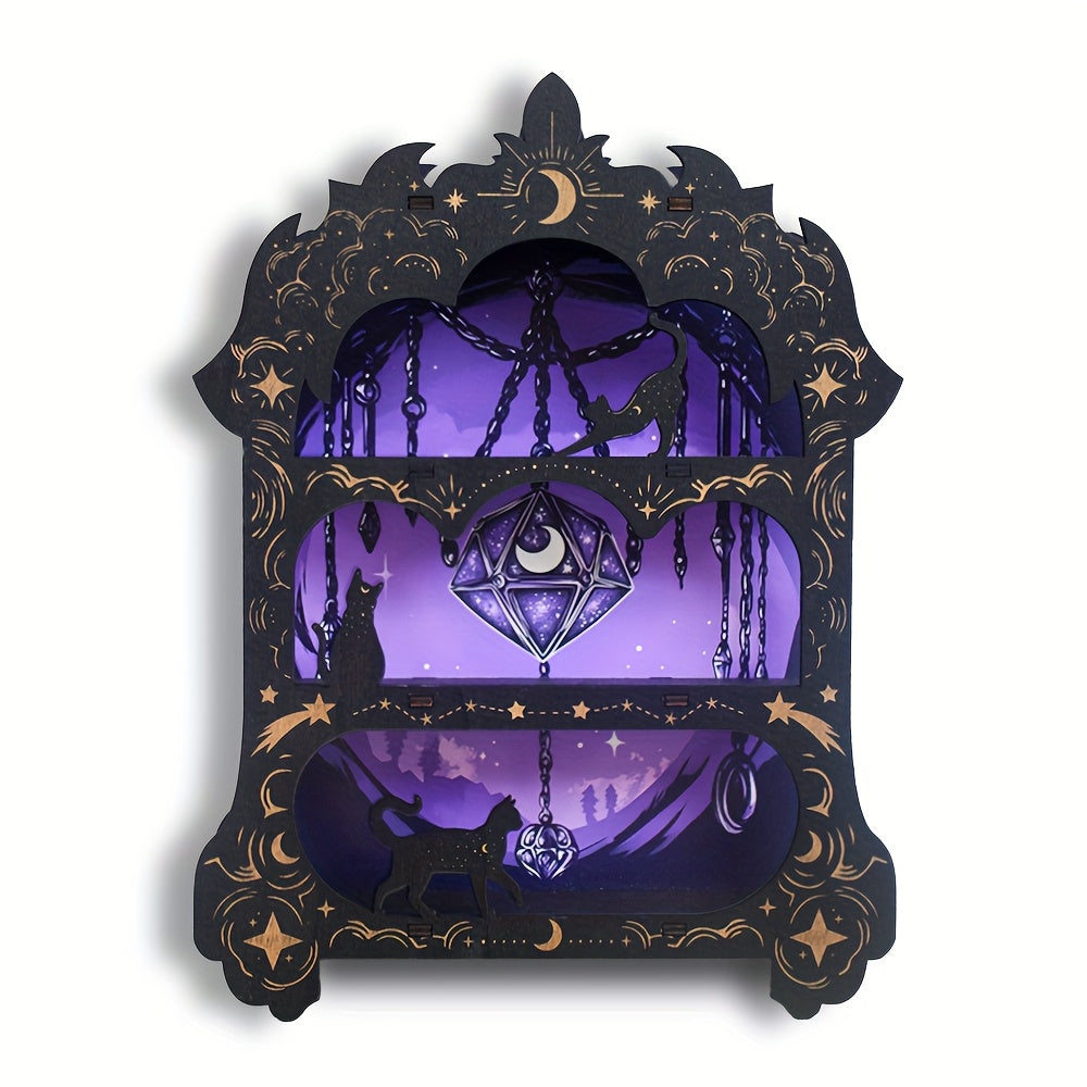 Decorative Wicca wall shelf with cats and purple backing. Celestial cloud patterns on the trim.