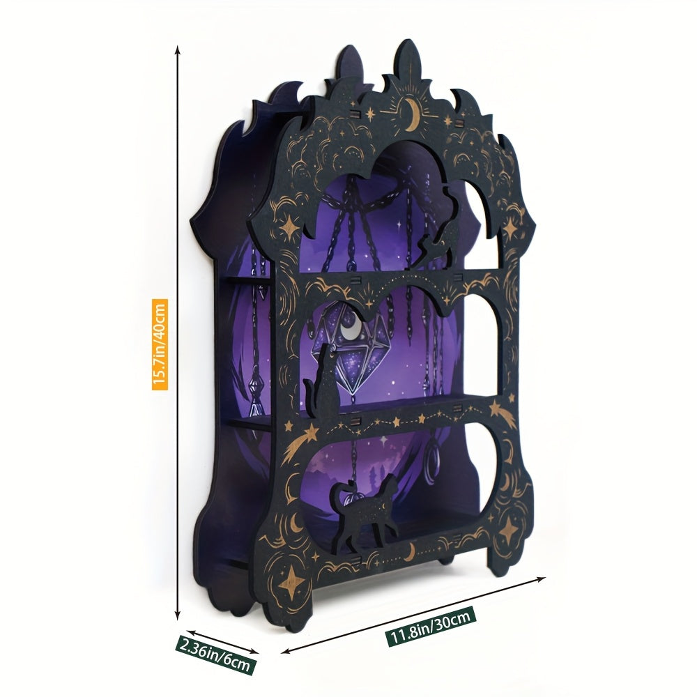 Decorative stand with purple and black design, featuring measurements on a white background.