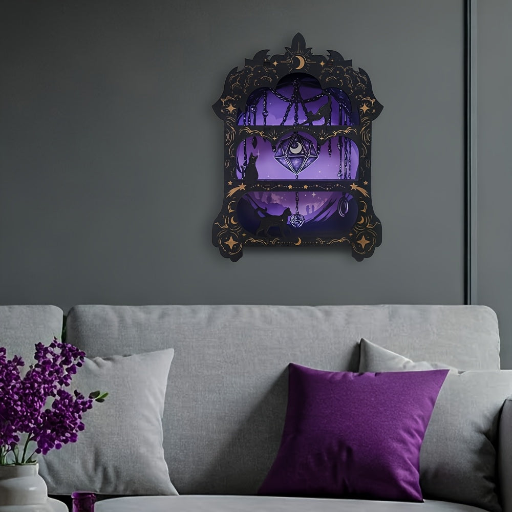 Decorative wall shelf with purple backing and gold accents on a gray wall above a gray sofa with purple and gray cushions.