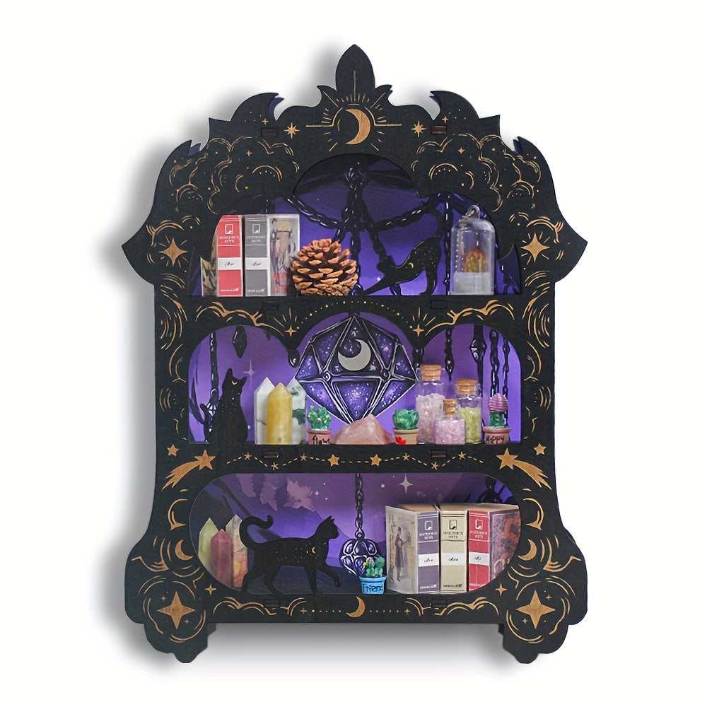 Decorative shelf with wiccan-themed decor on a white background