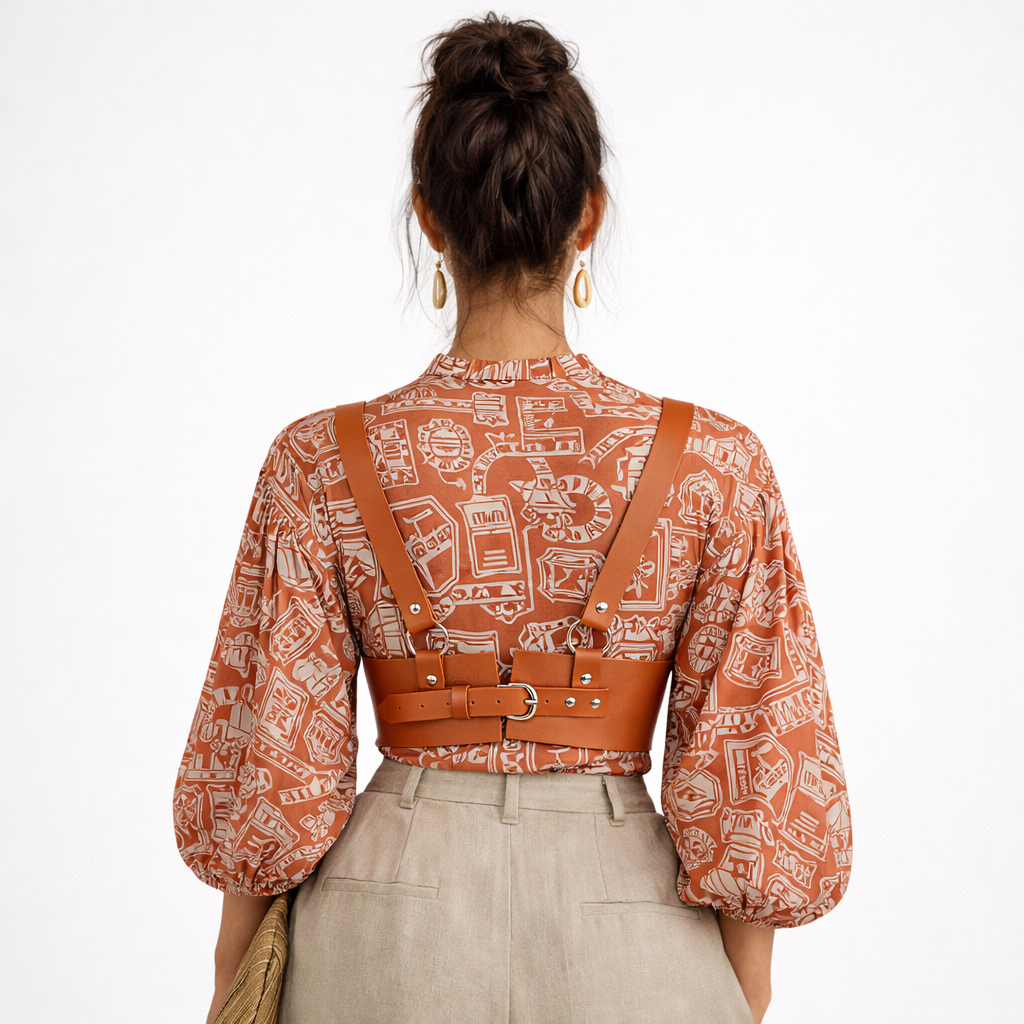 Wide harness brown PU leather harness belt adjustable back view waist accessory
