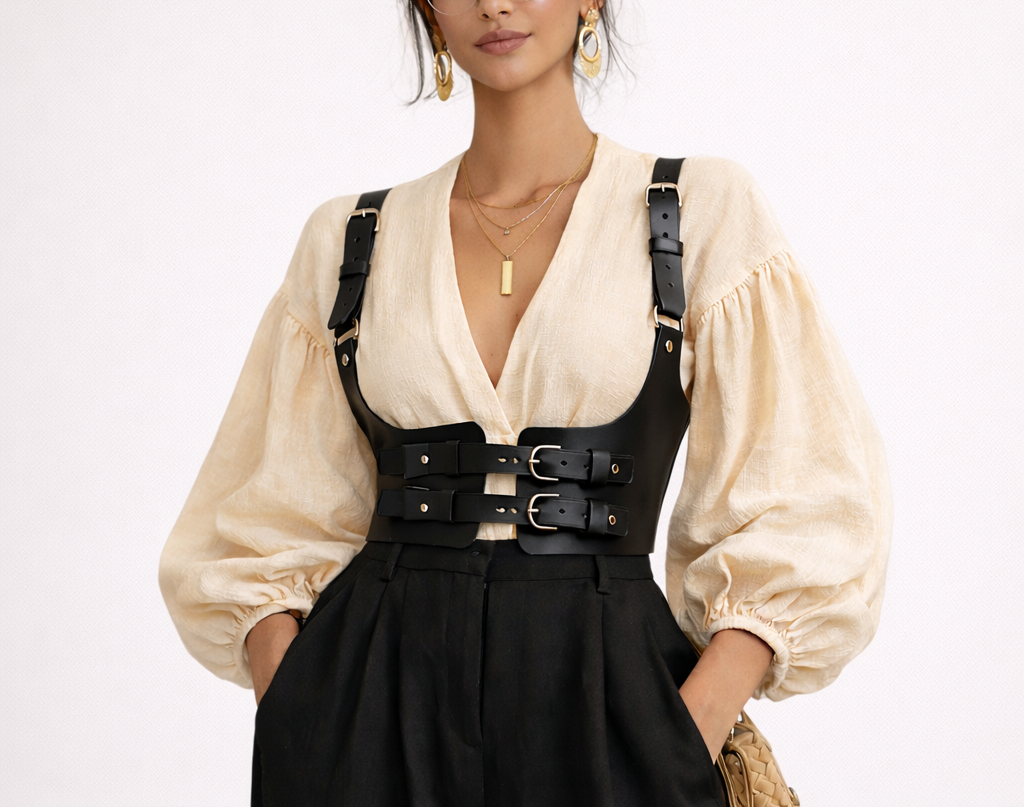 Woman wearing a black PU leather harness over a beige blouse with a plain background
