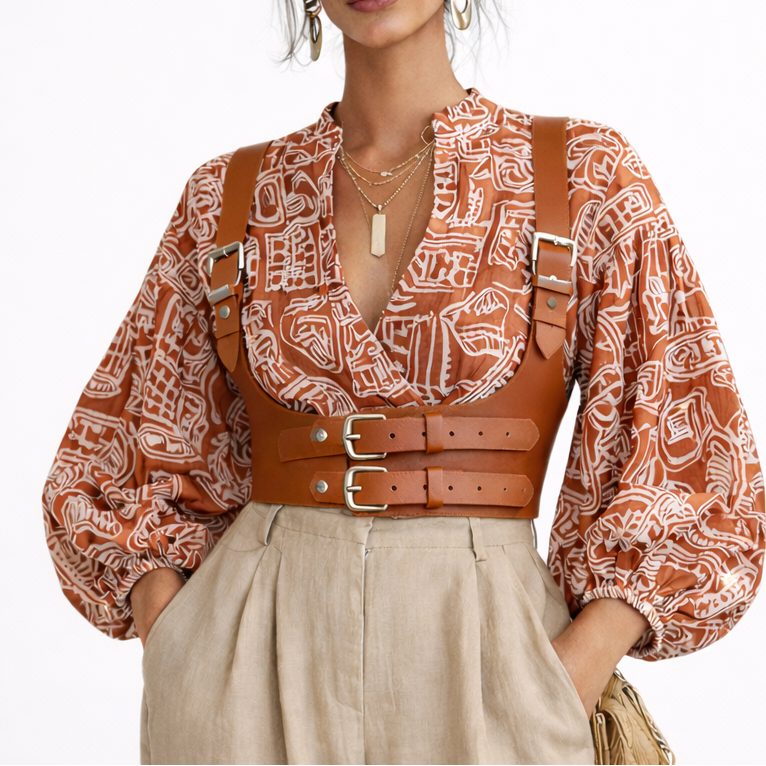 Woman wearing a patterned blouse with a brown PU leather harness and beige pants on a white background