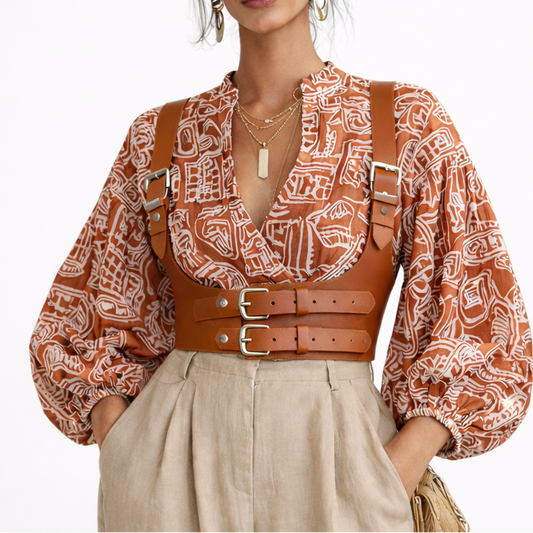 Woman wearing a patterned blouse with a brown PU leather harness and beige pants on a white background