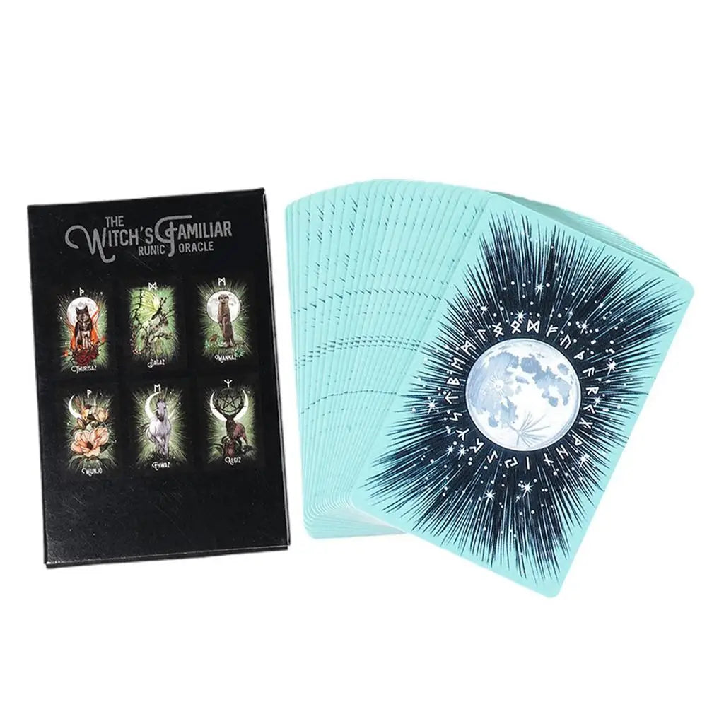 Oralce card set with a black box featuring illustrations and a blue card with a starry design.