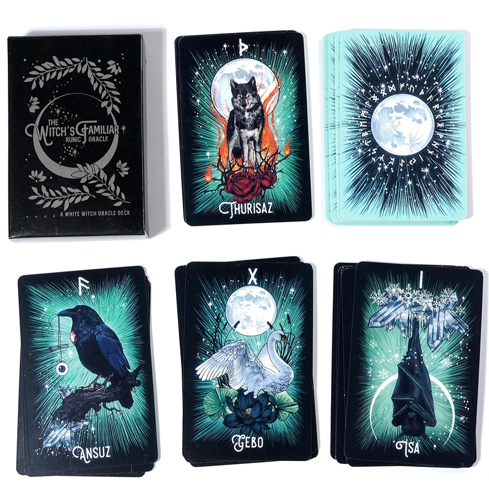 Set of tarot cards with mystical designs and card holders on a white background