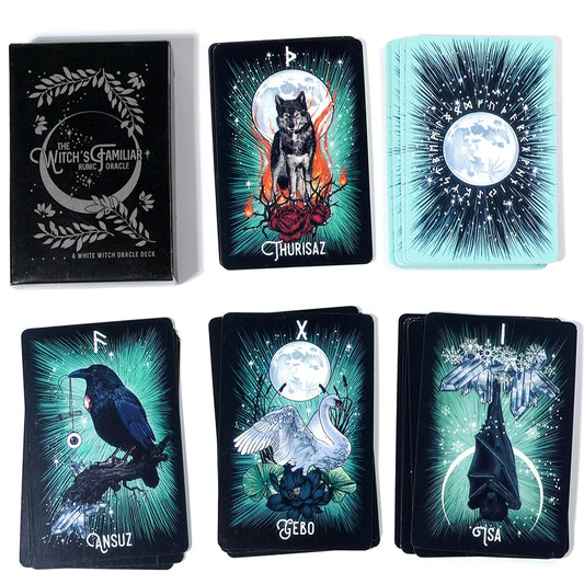 Set of tarot cards with mystical designs and card holders on a white background