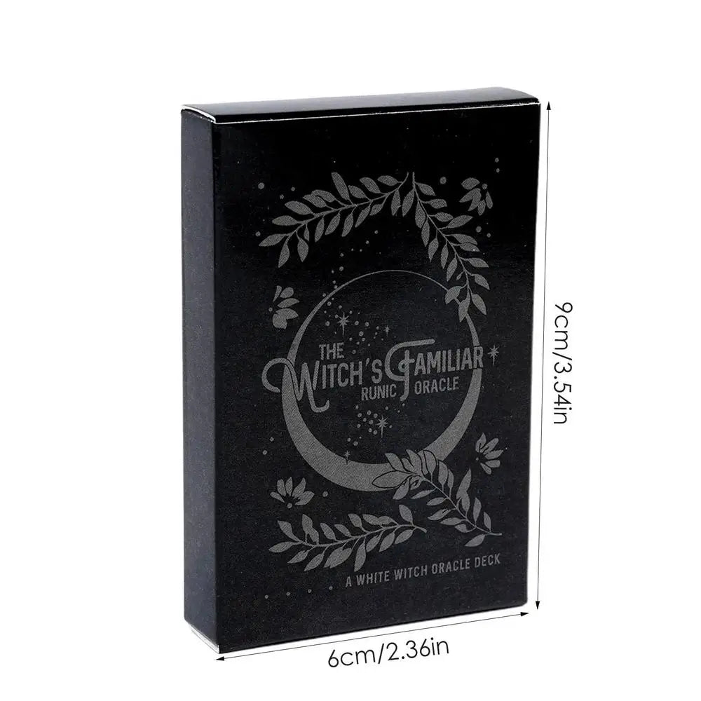 Black packaging box for 'The Witch's Familiar Kunic Oracle' with dimensions indicated.
