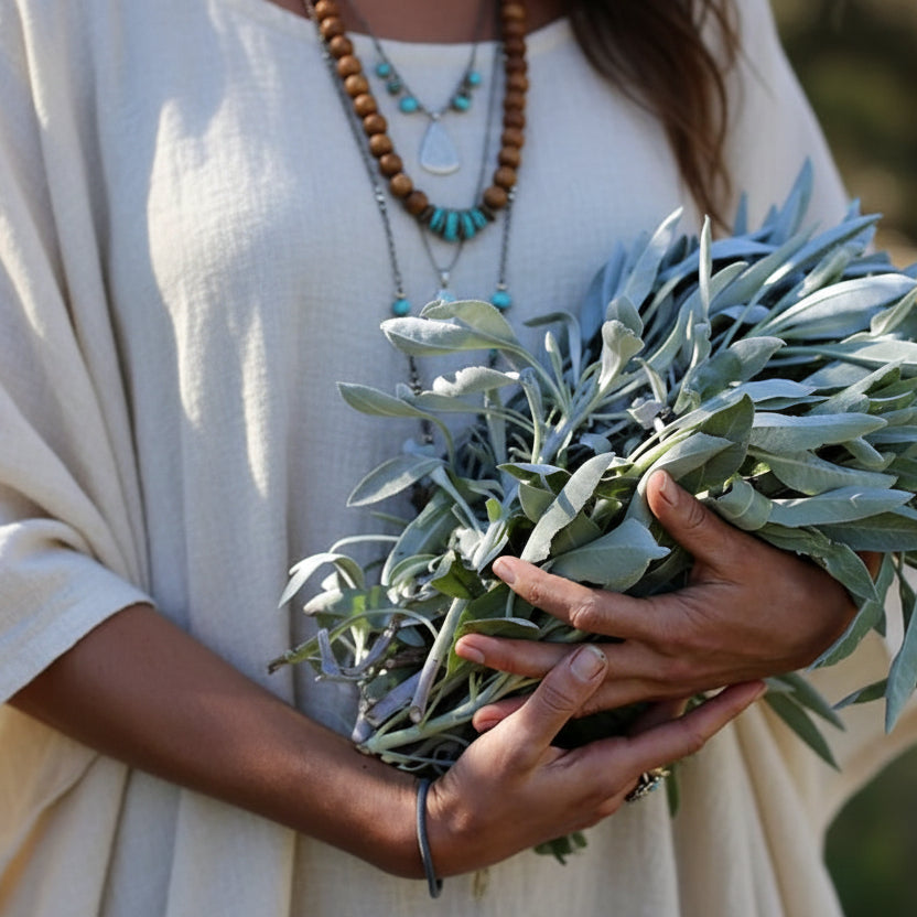 Person holding a bundle of green sage leaves with a blurred background