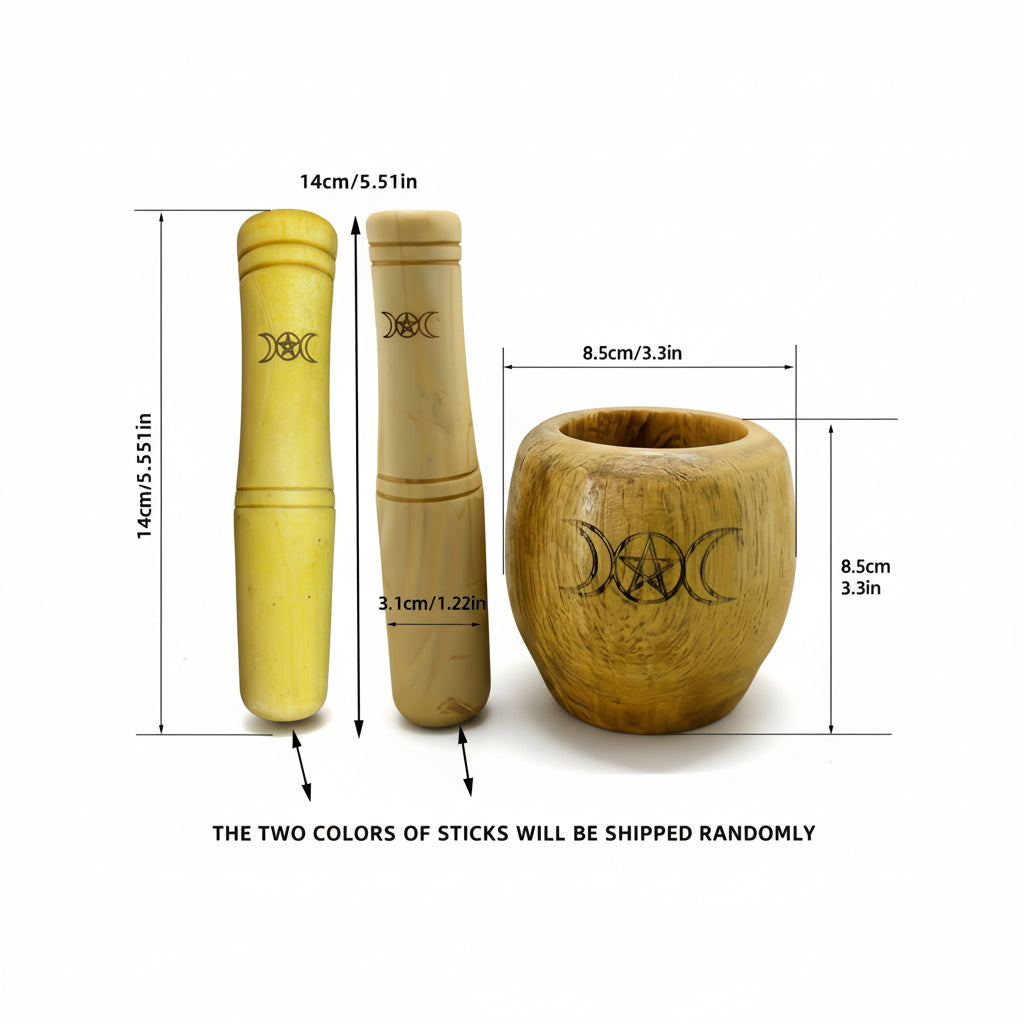 two wooden pestles and a wooden mortar, displayed on a white background with measurements.