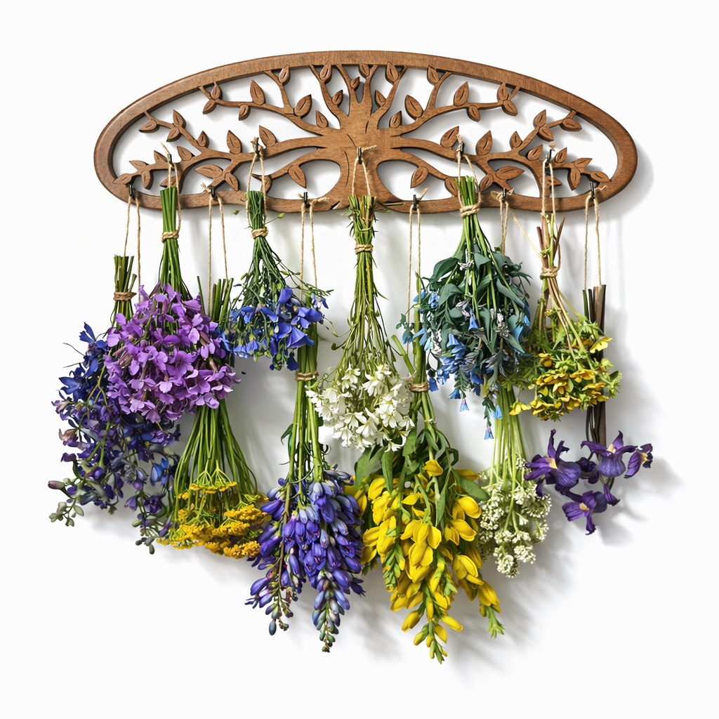 Wooden wall hook with dried flower bouquets on a white background