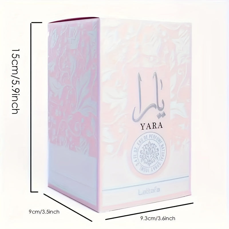 A Yara Long Lasting Imported Eau De Perfume 100 ml  decorative packaging box front view with dimensions.
