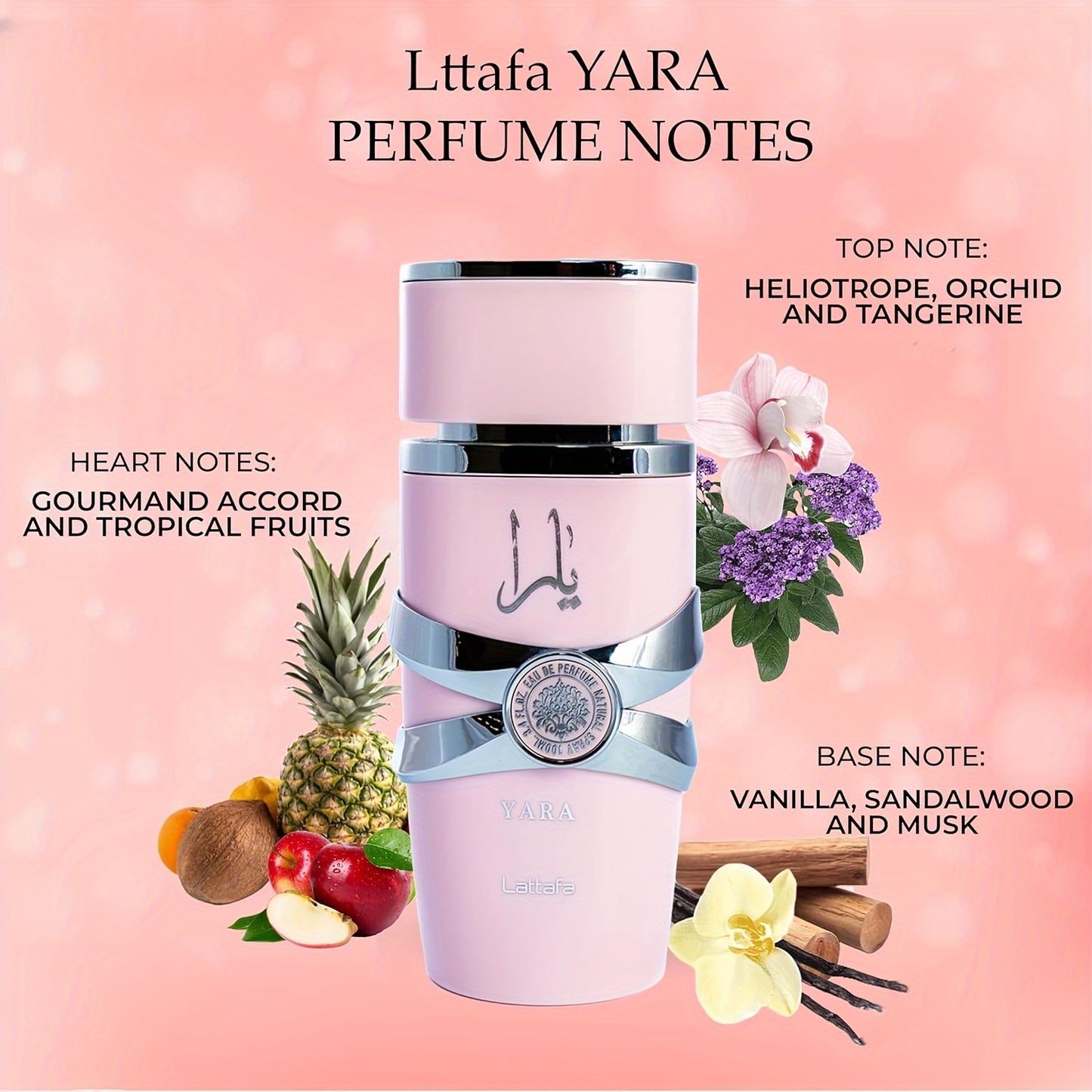 A Yara Eau De Perfume fruity vanilla scent notes display with tropical fruits and florals